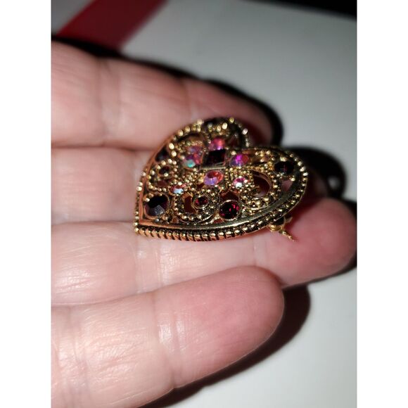 Genuine Crystal Heart Shaped Pin Brooch Recycled Materials Gold Tone Metal - Picture 10 of 10